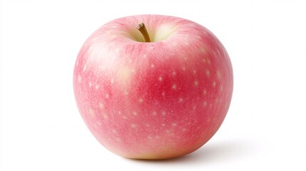 11.A fresh pink Fuji apple, perfectly round with a glossy sheen, isolated on a white background. The vibrant blush pink skin contrasts with subtle hints of green near the stem, showcasing its