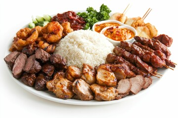 Grilled meat, rice, and dipping sauce.
