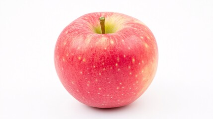15.A perfectly shaped pink Fuji apple, isolated on a white background, showing off its glossy, smooth skin and the gentle transitions between its pink, red, and green hues. The bright, clean