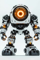 Fototapeta premium White robotic figure with glowing orange eye.
