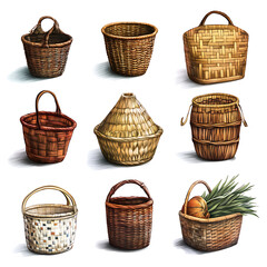 Obraz premium A collection of handwoven baskets showcasing diverse styles and materials arranged neatly on a white background