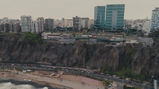 Beachfront Clifftop Shopping Center Of Larcomar in the Miraflores district of Lima, Peru. Aerial Drone Shot