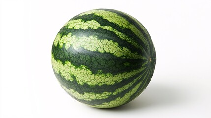 42.A whole watermelon, with its characteristic dark green stripes and glossy surface, isolated on a white background. The lighting highlights the subtle texture and natural round shape of the fruit.