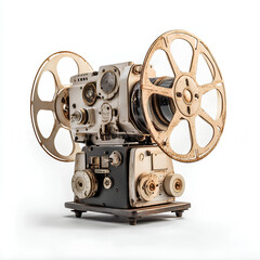 Vintage Film Projector with Reels Isolated on White Background