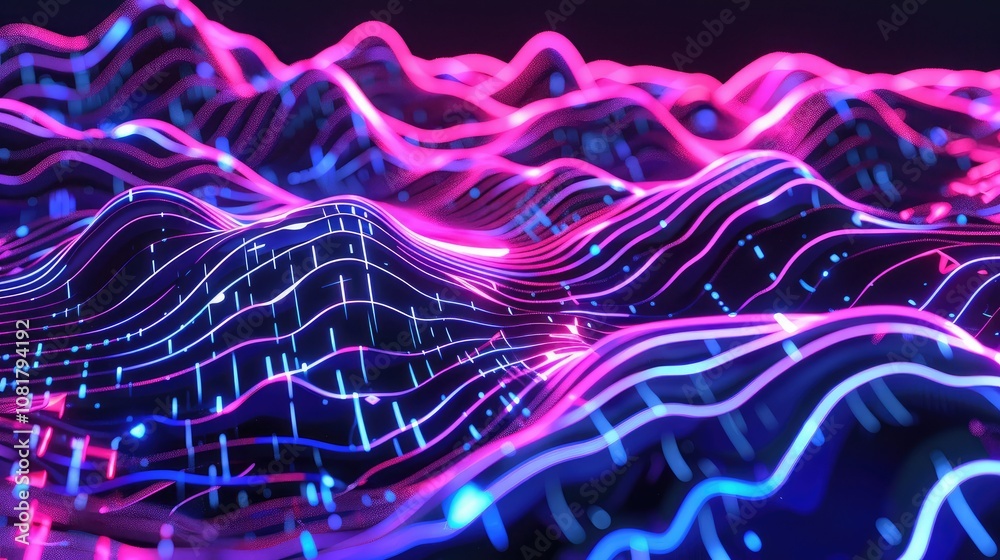 Poster Digital wave patterns with a neon glow