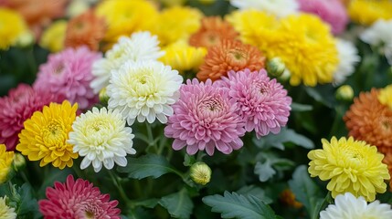 A closeup shot of a chrysanthemum in vibrant rainbow colors creating a colorful floral background