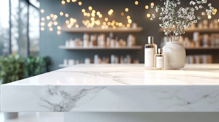 67.A pristine white table with a marble finish is positioned against a softly blurred store background, where bokeh lights twinkle softly. The smooth surface and the elegant simplicity of the