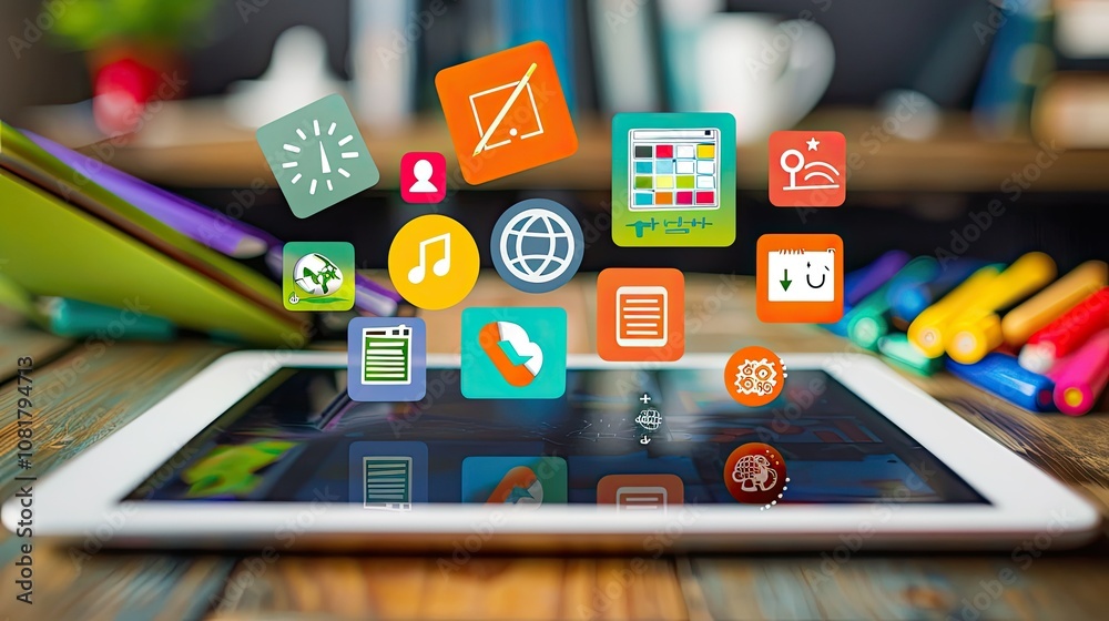 Poster digital tablet with floating educational icons