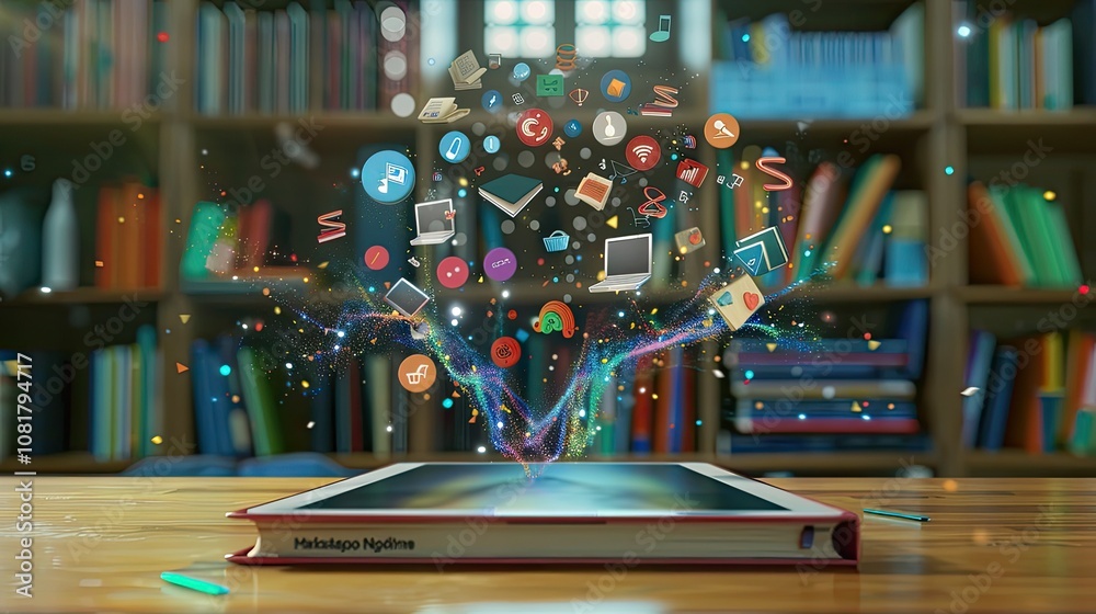 Poster digital tablet with floating educational icons