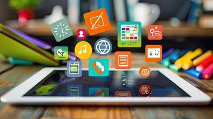 Digital tablet with floating educational icons