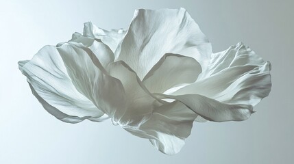 77.A beautiful white English rose appears to be suspended in mid-fall, its velvety petals unfurling as it descends through the air. The subtle lighting highlights the fine details of the petals