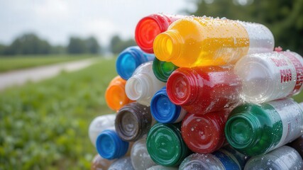 Recycle to save wildlife. A colorful stack of plastic bottles, glistening with water droplets, sits on green grass near a pathway under a cloudy sky.