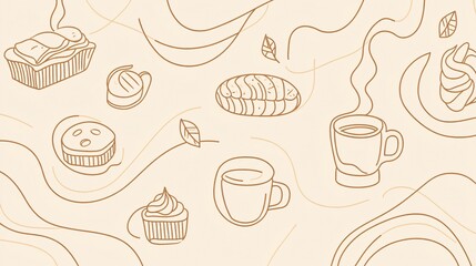 95.An elegant hand-drawn illustration of bakery and coffee items, including steaming mugs and fresh pastries, laid out in a geometric line pattern. The simple, abstract background complements the