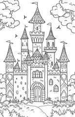Fototapeta premium Enchanted Castle with Towering Structures and Intricate Details - A Fantasy Illustration