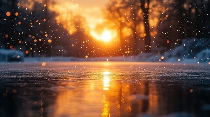 A beautiful, wintery sunset reflected on an icy lake.