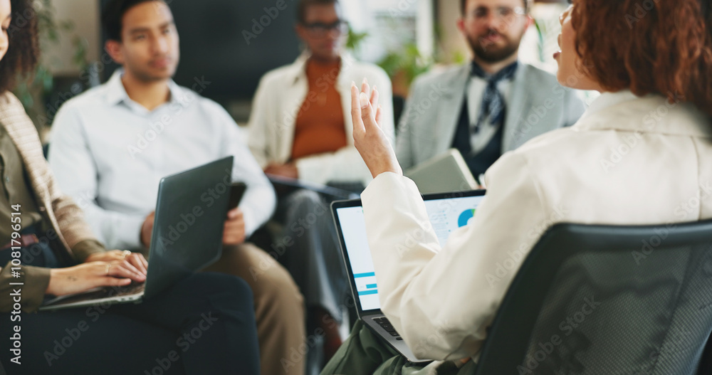 Poster Laptop, discussion and businesswoman in meeting with team for planning, financial analysis or performance data. Computer, group and manager brainstorming stats for risk management with hand in office