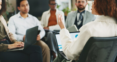 Laptop, discussion and businesswoman in meeting with team for planning, financial analysis or...