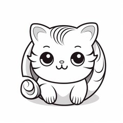 Naklejka premium Adorable cartoon cat with big eyes and a curled tail sitting inside a circle, drawn in black and white.