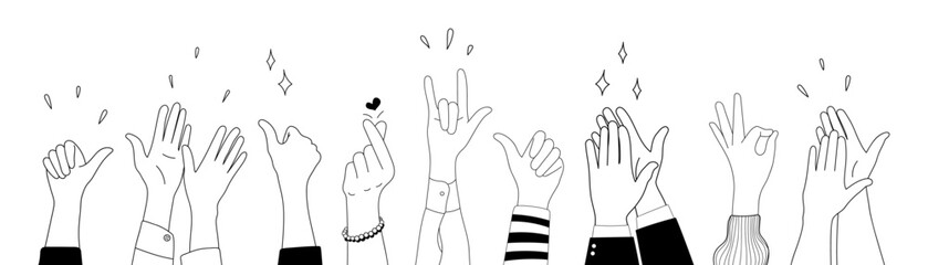 Doodle sketch hands up gestures comic icons silhouettes vector set. Group of line art fun comic hands in the air. Voting or happy congratulation audience recognition symbols. © Konstantin
