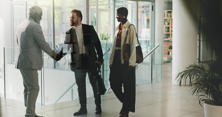 Business, people and handshake for welcome in office with partnership, introduction and meeting success. Staff, greeting and agreement respect for promotion deal, onboarding offer and b2b opportunity