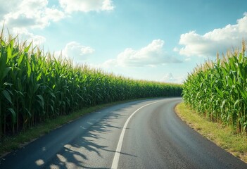 A road with cornfields on either side. Idyllic landscape