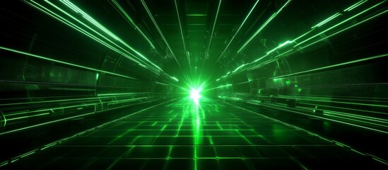 Obraz premium Eerie Glow: Bright Green Light Illuminates Long Underground Tunnel with Damp Walls and Uneven Floor