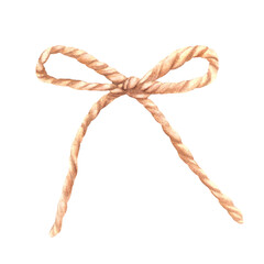 Jute string, rope bow. Watercolor hand drawn illustration natural twine ribbon, eco nature brown bow knot for gift, birthday card, present decor, boho style realistic clipart isolated from background