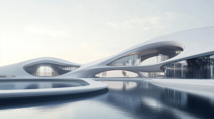 Obraz premium Futuristic Recreation Facility with Curved Organic Architecture and Reflective Pool