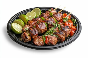 Grilled meat skewers with lime and vegetables.