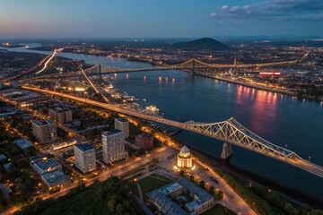 Fototapeta premium Aerial View of Montreal's Stunning City Lights at Night – Captivating Travel Photography by Drone Showcasing the Vibrant Urban Landscape and Illuminated Streets