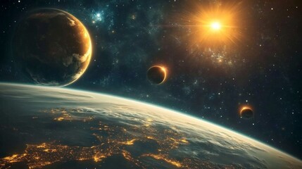 Breathtaking Cosmic Trio: Sun, Moon, and Earth in the Vast Expanse of Space