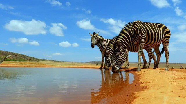 Zebras drink water at natural waterhole gets fright and bursts away in dust