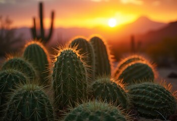 A close-up view of various green barrel cactus plants with their distinctive spiny structures against a blurred background