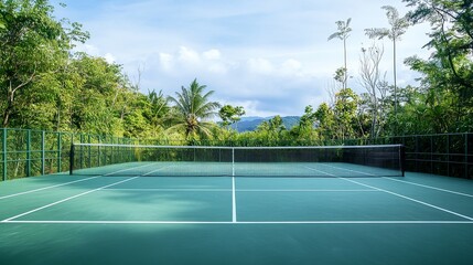 A peaceful outdoor badminton court with freshly painted lines and nets set up, surrounded by lush greenery and a bright sky, early morning light adding a serene touch