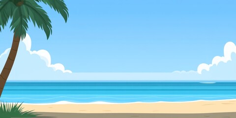 Obraz premium A serene beach scene with palm trees and calm ocean waves under a clear blue sky.