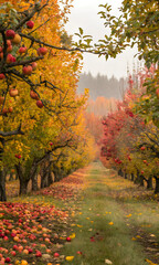 Naklejka premium A picturesque orchard in autumn, with trees laden with ripe fruit and colorful leaves framing the scene