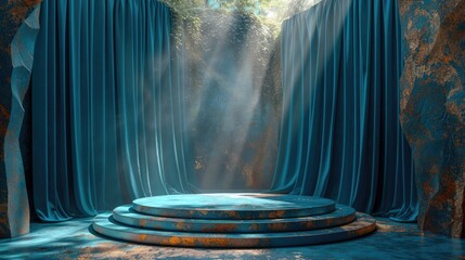 A circular podium with three tiers is illuminated by light beams filtering through a dramatic curtain of blue velvet. The scene is set against a backdrop of a rock face with a mossy green texture.
