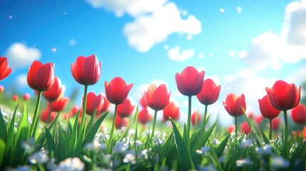 Fototapeta premium A field of vibrant red tulips blooming in the sunshine.