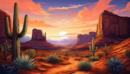 Digital illustration of the Arizona desert landscape in a stylized, vibrant art style