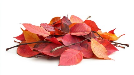 A pile of freshly fallen red and orange autumn leaves, some still slightly attached to twigs, isolated on white background 