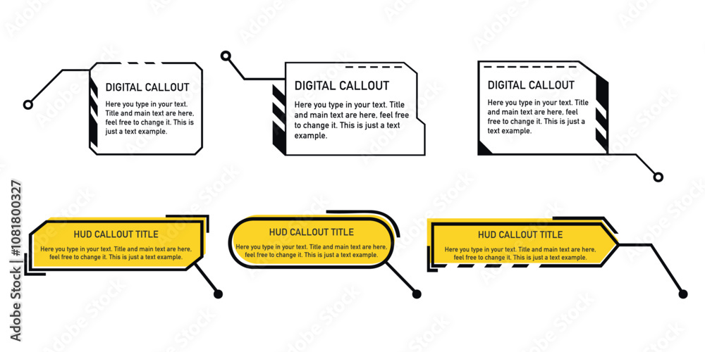 Fototapete set of digital callout labels in black and yellow for highlighting text. hud-style callout designs f