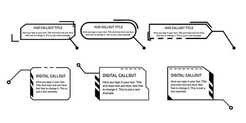 Set of digital callout labels in black and yellow for highlighting text. HUD-style callout designs for informational overlays.