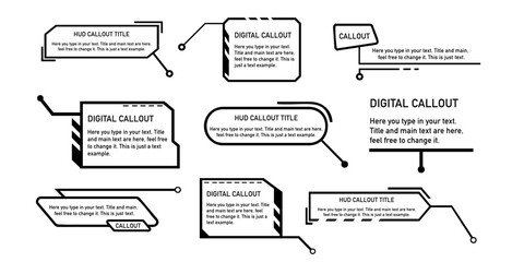 Assorted digital callouts in black and white with HUD-style designs. Labels for text emphasis and informational highlights.