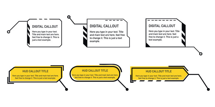 Set of digital callout labels in black and yellow for highlighting text. HUD-style callout designs for informational overlays.