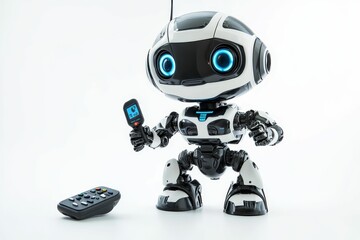 Robot holding remote control, another on floor.