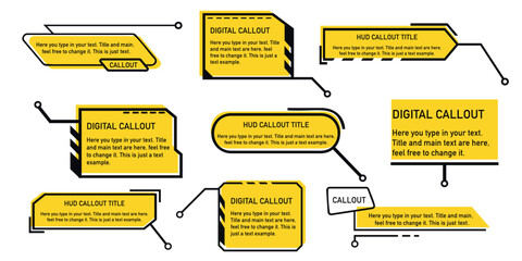 Assorted digital callouts in black and white with HUD-style designs. Labels for text emphasis and informational highlights.