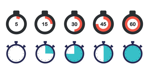 Stopwatch and timer icons showing intervals of 5, 15, 30, 45, and 60 seconds. Set of countdown graphics for time management.