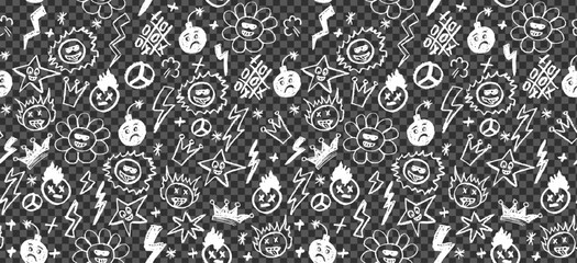 Grunge rock seamless pattern with doodle elements. Wax pencil drawing face with tongue out, cartoon thunderbolt like children pen drawing and other rock n roll style white color vector elements