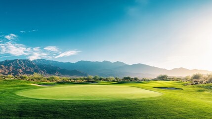 Naklejka premium A peaceful outdoor golf course with a well-maintained green and sand traps, surrounded by scenic mountains and clear blue sky, early morning light enhancing the serene atmosphere