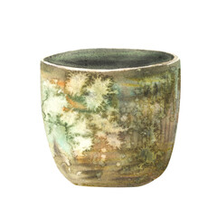 Rustic pot. Watercolor ceramic green, brown clay pot. Hand drawn illustration in realistic vintage style for your gardening card, label, home plant shop, logo, sticker. Clipart on isolated background 